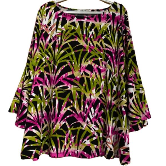 KASPER WOMEN’s VIBRANT MULTI TROPICAL LEAVES PRINT w/ 3/4 BELL SLEEVES TUNIC TOP - Picture 1 of 6